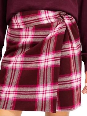 LOFT Plaid Wrap Mini Skirt in Burgundy and Pink